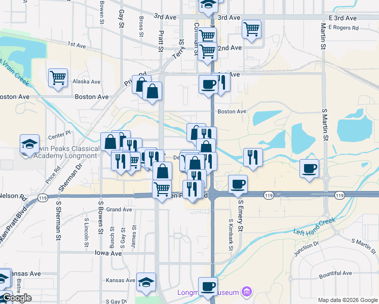 map of restaurants, bars, coffee shops, grocery stores, and more near 720 Delaware Avenue in Longmont