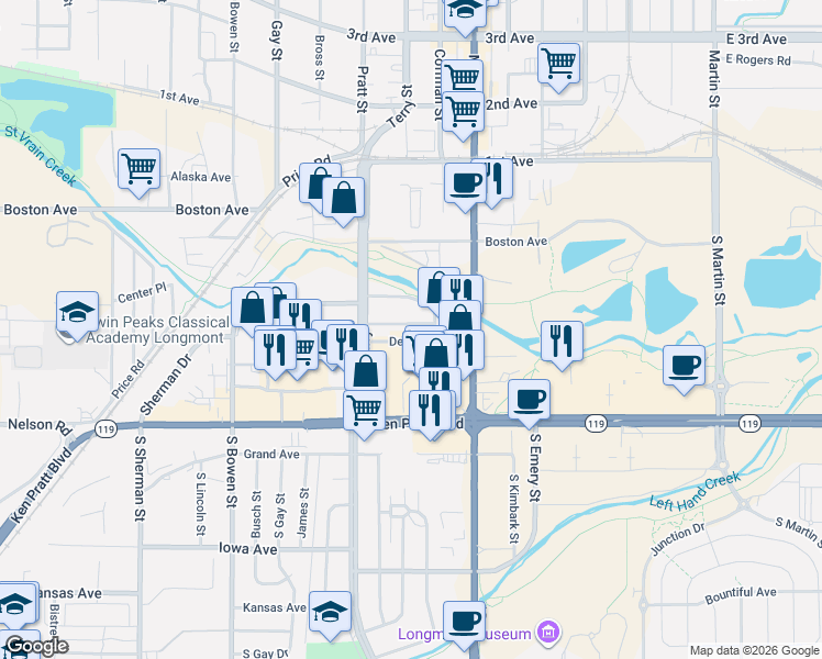 map of restaurants, bars, coffee shops, grocery stores, and more near 720 Delaware Avenue in Longmont