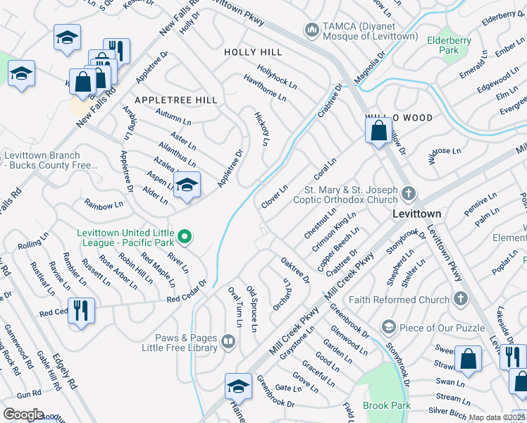 map of restaurants, bars, coffee shops, grocery stores, and more near 2 Clover Lane in Levittown