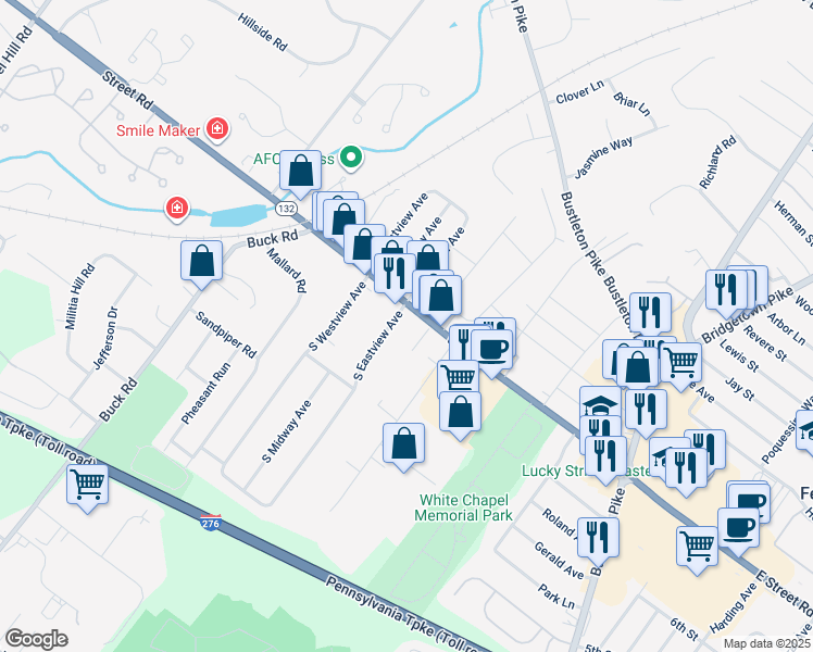 map of restaurants, bars, coffee shops, grocery stores, and more near 10 South Eastview Avenue in Feasterville-Trevose