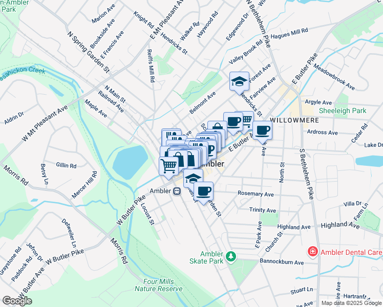 map of restaurants, bars, coffee shops, grocery stores, and more near 23 North Spring Garden Street in Ambler