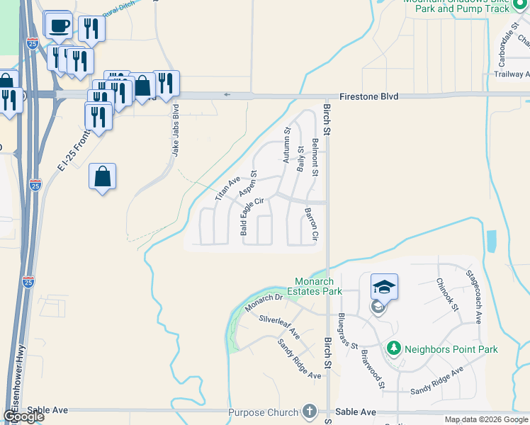 map of restaurants, bars, coffee shops, grocery stores, and more near 10608 Bald Eagle Circle in Longmont