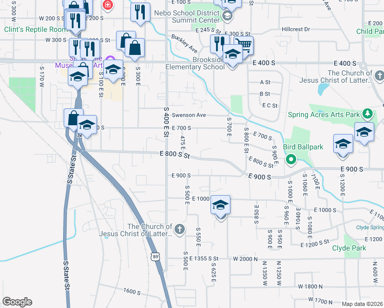 map of restaurants, bars, coffee shops, grocery stores, and more near 512 East 800 South Street in Springville