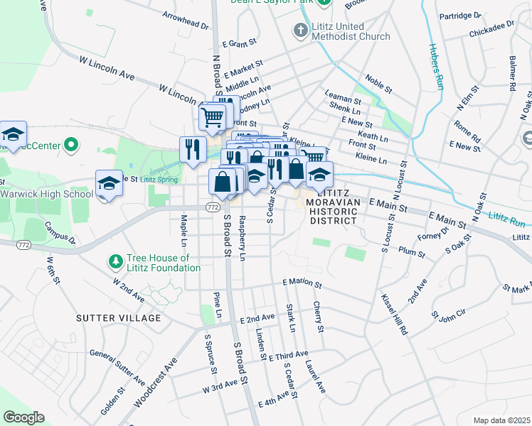 map of restaurants, bars, coffee shops, grocery stores, and more near 44 East Orange Street in Lititz