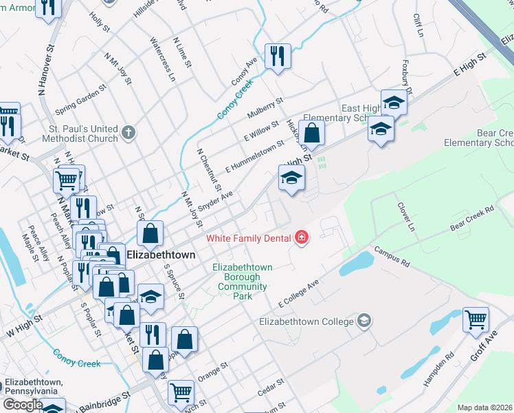 map of restaurants, bars, coffee shops, grocery stores, and more near 558 East High Street in Elizabethtown
