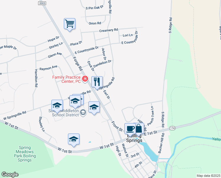map of restaurants, bars, coffee shops, grocery stores, and more near 107 East Springville Road in Boiling Springs