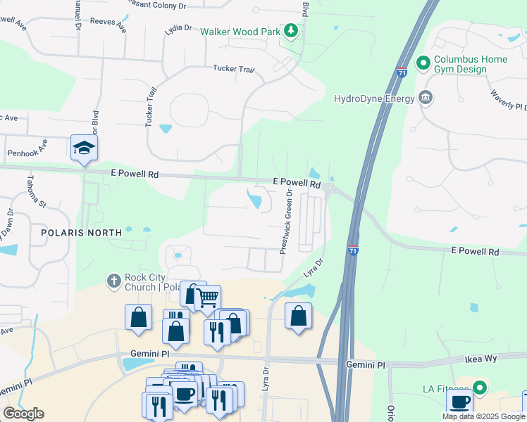 map of restaurants, bars, coffee shops, grocery stores, and more near 9131 Walker Park Drive in Columbus