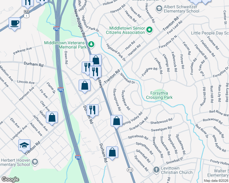 map of restaurants, bars, coffee shops, grocery stores, and more near 64 Silverspruce Road in Levittown