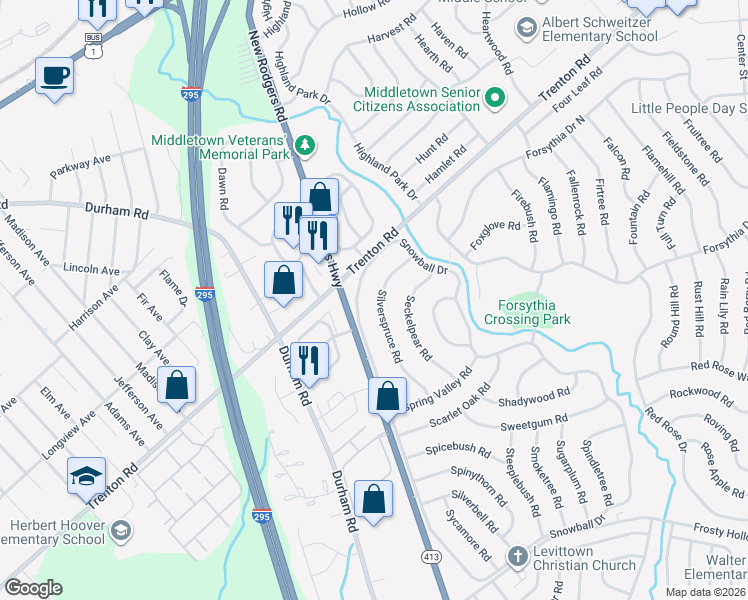 map of restaurants, bars, coffee shops, grocery stores, and more near 64 Silverspruce Road in Levittown
