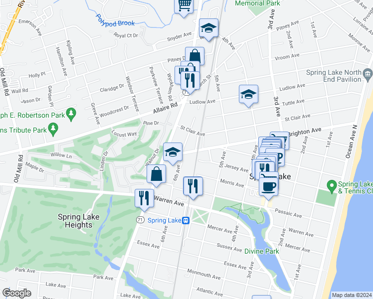 map of restaurants, bars, coffee shops, grocery stores, and more near 556 Brighton Avenue in Spring Lake
