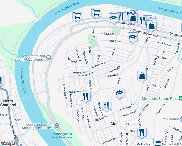 map of restaurants, bars, coffee shops, grocery stores, and more near 998 Summit Avenue in Monessen