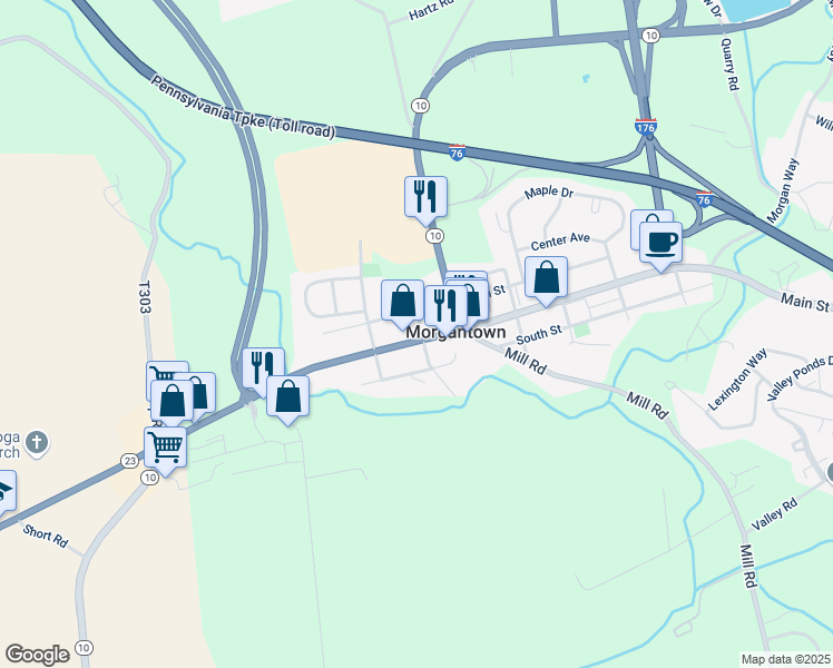 map of restaurants, bars, coffee shops, grocery stores, and more near 3093 West Main Street in Morgantown