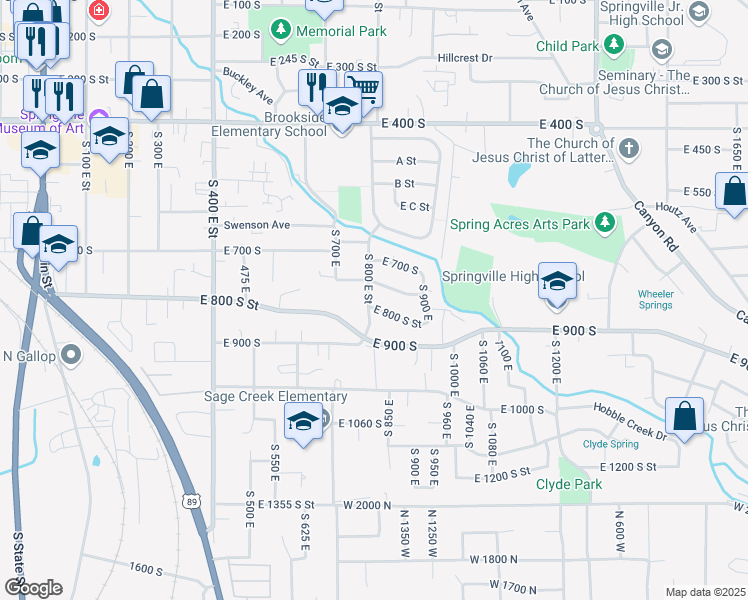 map of restaurants, bars, coffee shops, grocery stores, and more near 677 East 800 South Street in Springville