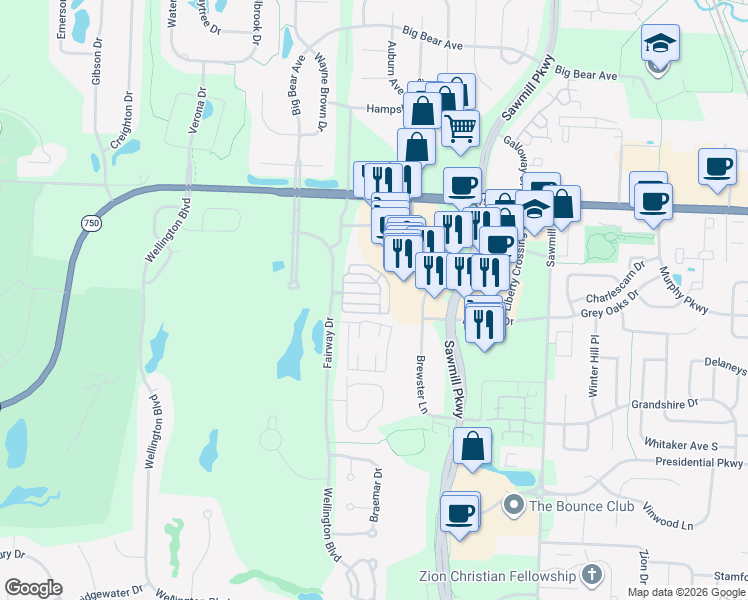 map of restaurants, bars, coffee shops, grocery stores, and more near 4139 Bishopsgate Way in Powell