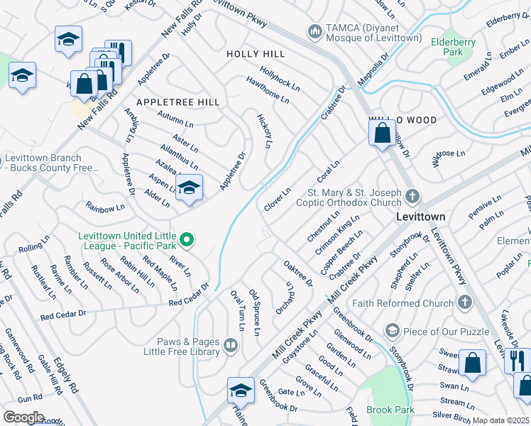 map of restaurants, bars, coffee shops, grocery stores, and more near 10 Clover Lane in Levittown