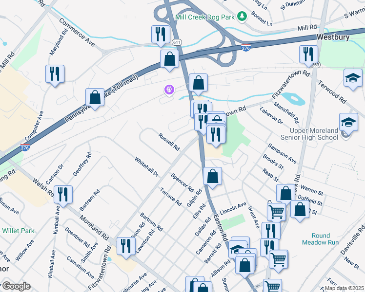 map of restaurants, bars, coffee shops, grocery stores, and more near 510 Fitzwatertown Road in Willow Grove