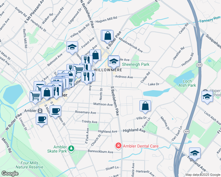 map of restaurants, bars, coffee shops, grocery stores, and more near 100 South Bethlehem Pike in Ambler