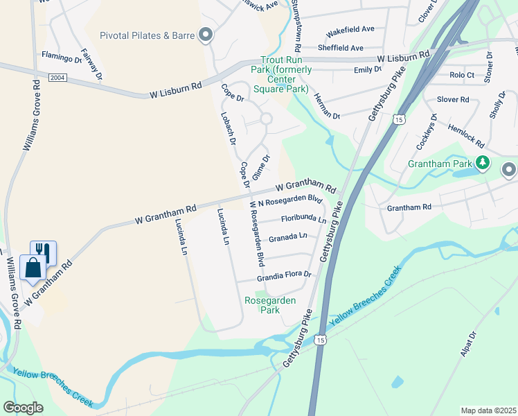 map of restaurants, bars, coffee shops, grocery stores, and more near 2601 North Rosegarden Boulevard in Mechanicsburg