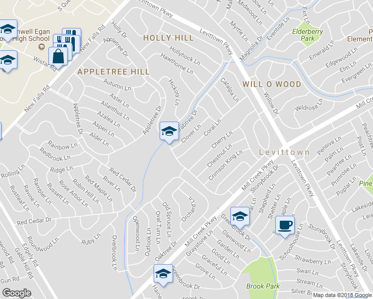 map of restaurants, bars, coffee shops, grocery stores, and more near 17 Coral Lane in Levittown