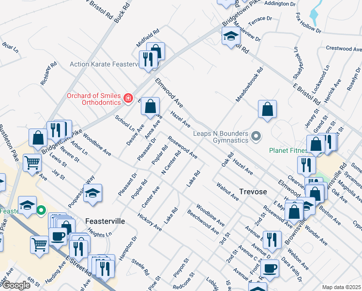 map of restaurants, bars, coffee shops, grocery stores, and more near 214 Rosewood Avenue in Feasterville-Trevose