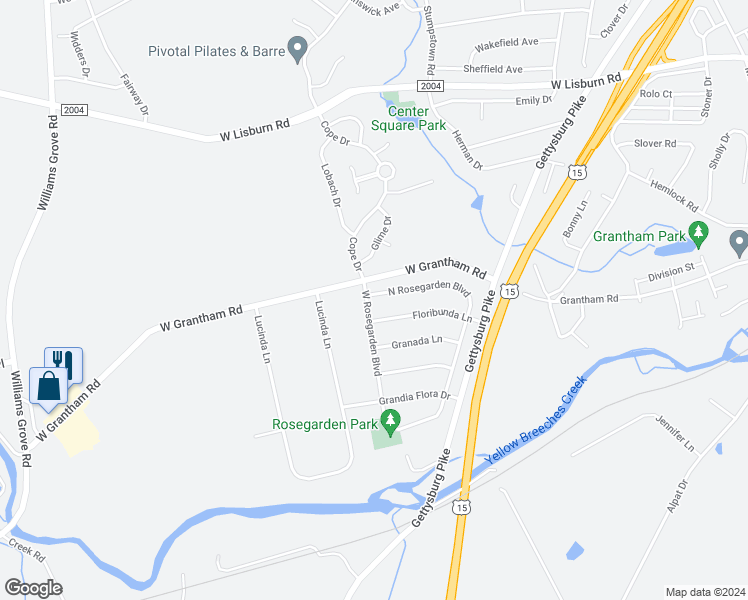 map of restaurants, bars, coffee shops, grocery stores, and more near 2601 North Rosegarden Boulevard in Mechanicsburg