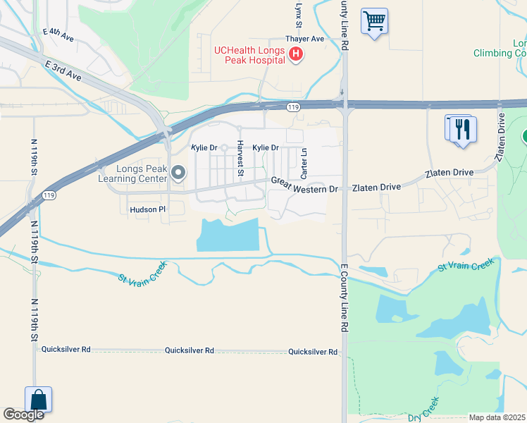 map of restaurants, bars, coffee shops, grocery stores, and more near 1601 Great Western Drive in Longmont