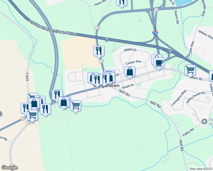 map of restaurants, bars, coffee shops, grocery stores, and more near in Morgantown