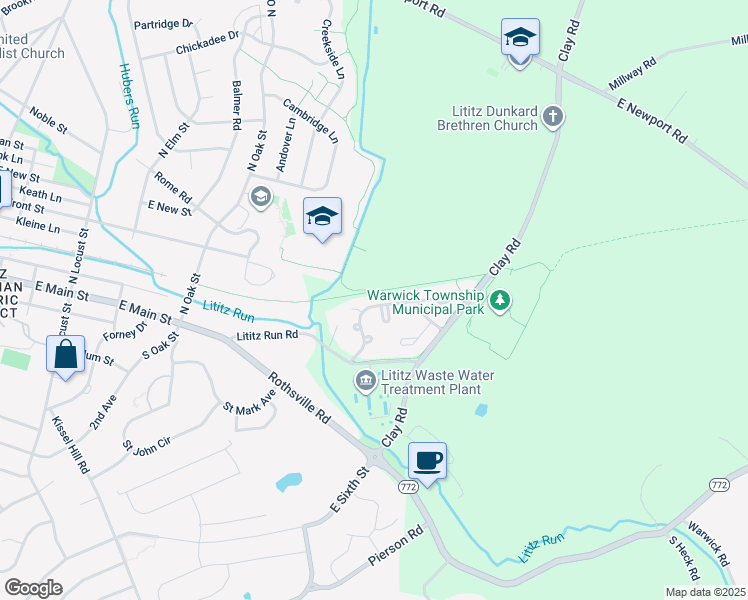 map of restaurants, bars, coffee shops, grocery stores, and more near 39 Pebble Creek Drive in Lititz