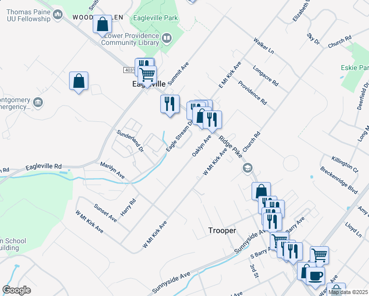 map of restaurants, bars, coffee shops, grocery stores, and more near 25 Prince Drive in Eagleville