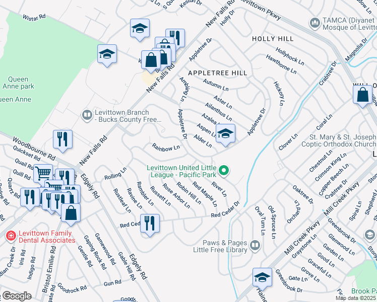 map of restaurants, bars, coffee shops, grocery stores, and more near 247 Red Cedar Drive in Levittown
