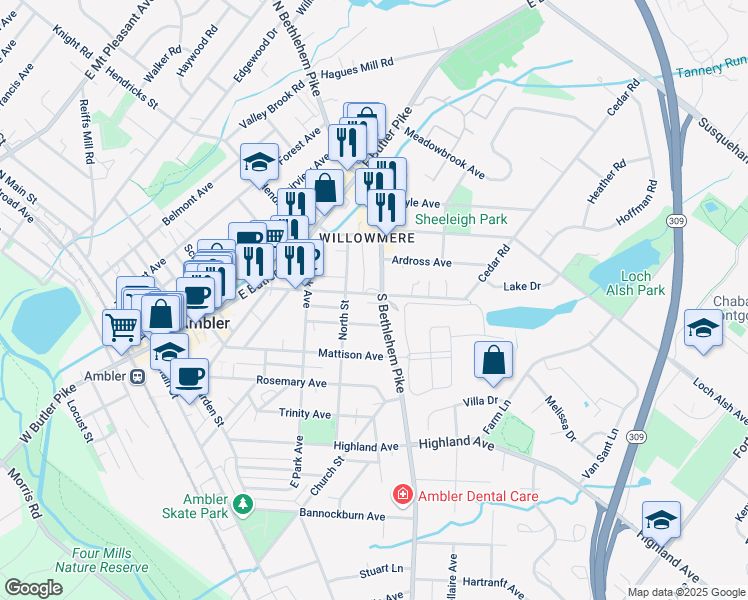 map of restaurants, bars, coffee shops, grocery stores, and more near 108 South Bethlehem Pike in Ambler