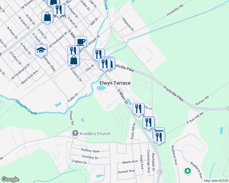 map of restaurants, bars, coffee shops, grocery stores, and more near 446 South Main Street in Manheim
