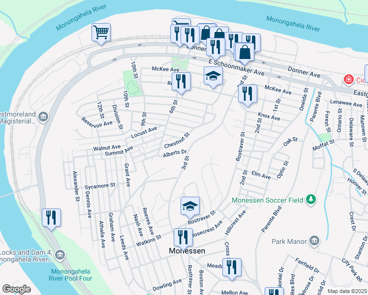 map of restaurants, bars, coffee shops, grocery stores, and more near 520 Chestnut Street in Monessen