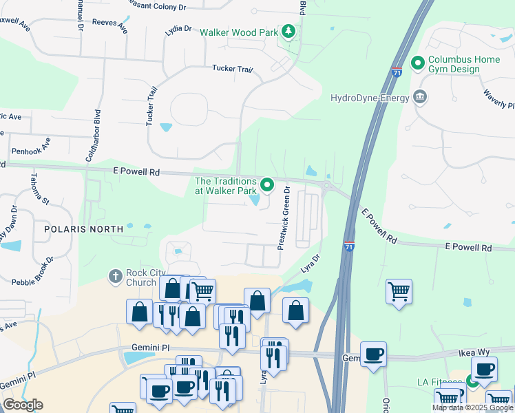 map of restaurants, bars, coffee shops, grocery stores, and more near 9131 Walker Park Drive in Columbus