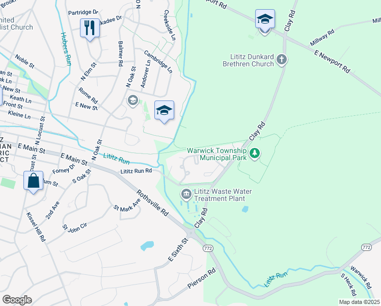 map of restaurants, bars, coffee shops, grocery stores, and more near 39 Pebble Creek Drive in Lititz