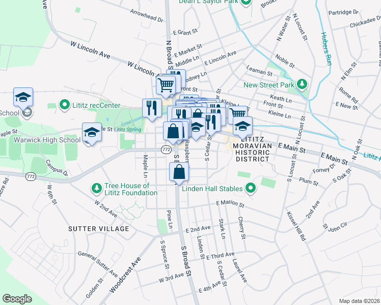 map of restaurants, bars, coffee shops, grocery stores, and more near 125 South Broad Street in Lititz