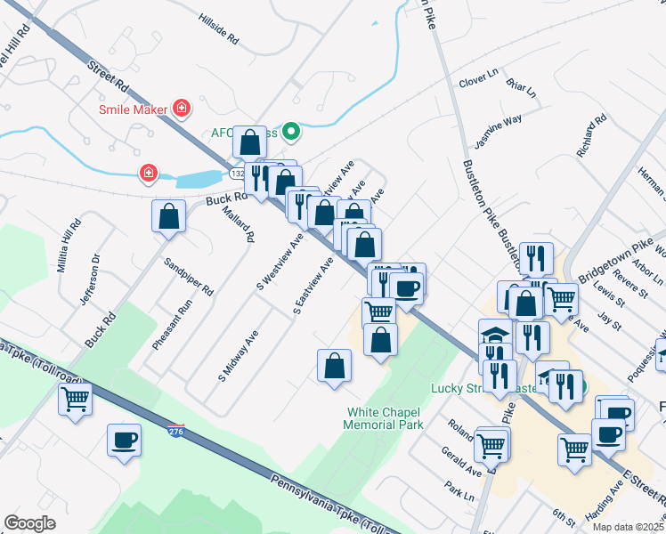 map of restaurants, bars, coffee shops, grocery stores, and more near 10 South Eastview Avenue in Feasterville-Trevose