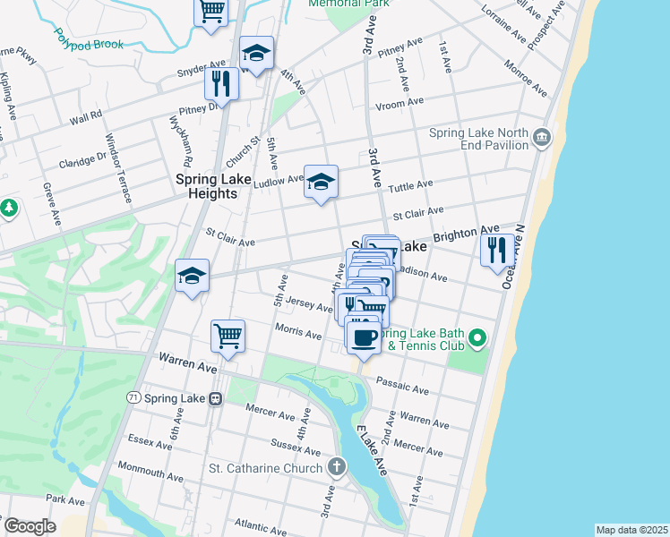 map of restaurants, bars, coffee shops, grocery stores, and more near 318 Washington Avenue in Spring Lake