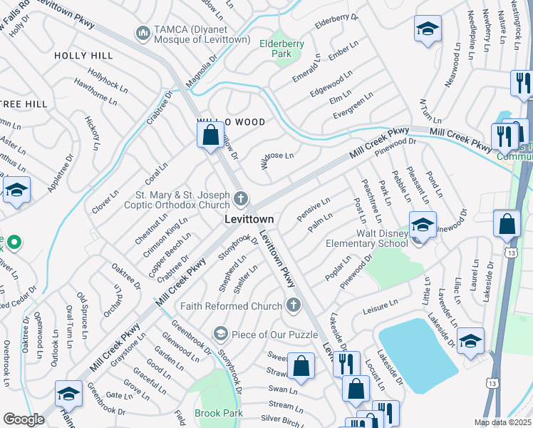 map of restaurants, bars, coffee shops, grocery stores, and more near 89 Pinewood Drive in Levittown