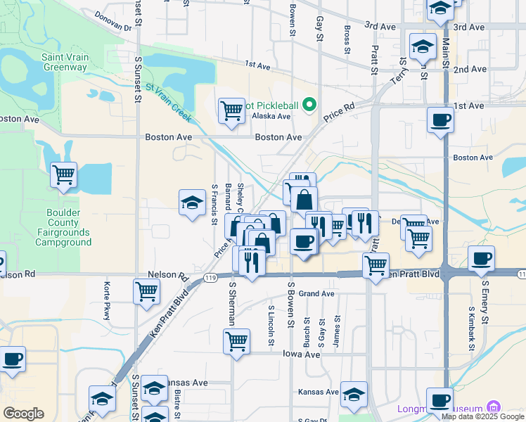 map of restaurants, bars, coffee shops, grocery stores, and more near 1253 Sherman Drive in Longmont