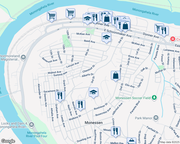 map of restaurants, bars, coffee shops, grocery stores, and more near 520 Chestnut Street in Monessen