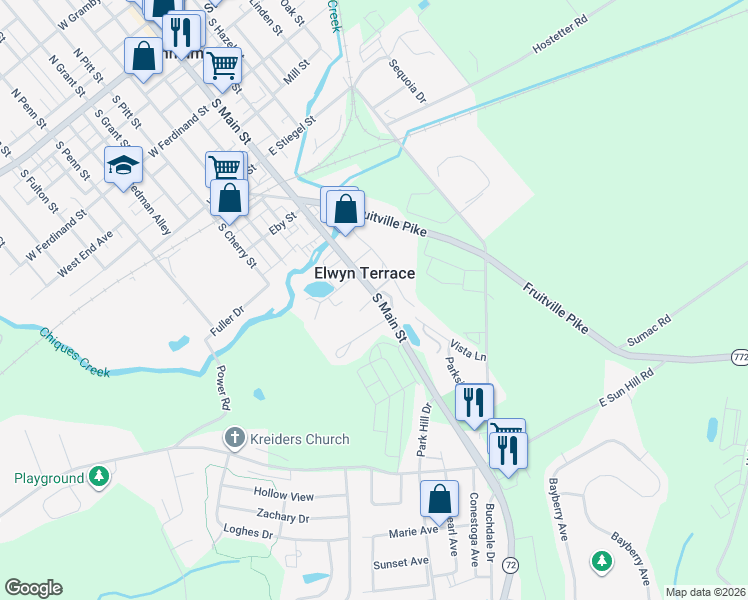 map of restaurants, bars, coffee shops, grocery stores, and more near 446 South Main Street in Manheim