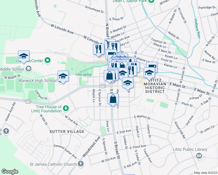 map of restaurants, bars, coffee shops, grocery stores, and more near 2 West Orange Street in Lititz
