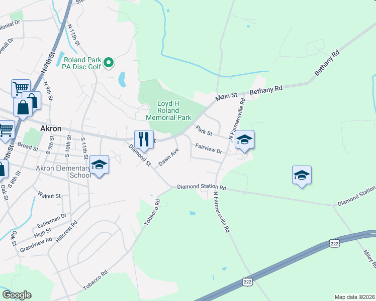 map of restaurants, bars, coffee shops, grocery stores, and more near 17 Dawn Avenue in Akron