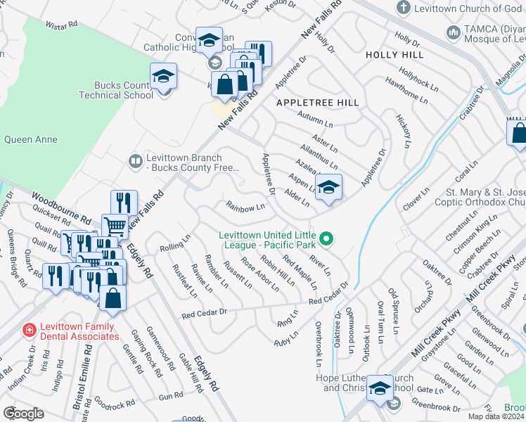 map of restaurants, bars, coffee shops, grocery stores, and more near 5 Rainbow Lane in Levittown