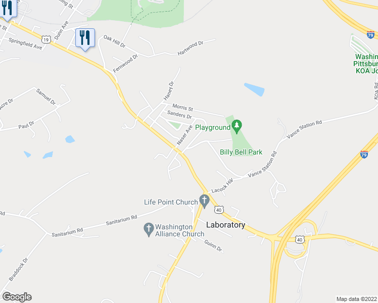 map of restaurants, bars, coffee shops, grocery stores, and more near 10 Vance Station Road in Washington