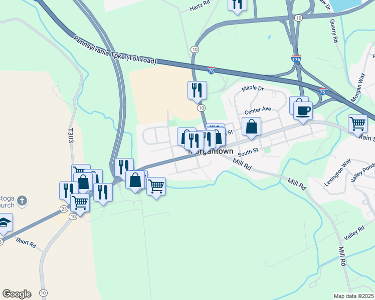 map of restaurants, bars, coffee shops, grocery stores, and more near 3043 West Main Street in Morgantown