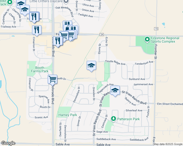 map of restaurants, bars, coffee shops, grocery stores, and more near 6201 Booth Drive in Firestone