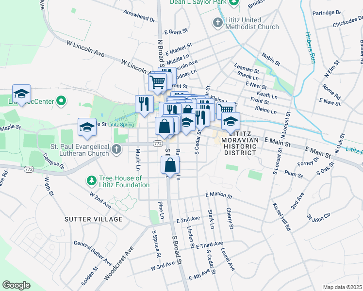 map of restaurants, bars, coffee shops, grocery stores, and more near 20 East Orange Street in Lititz
