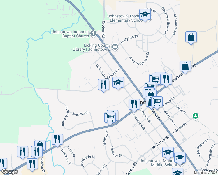 map of restaurants, bars, coffee shops, grocery stores, and more near 133 Edwards Road in Johnstown